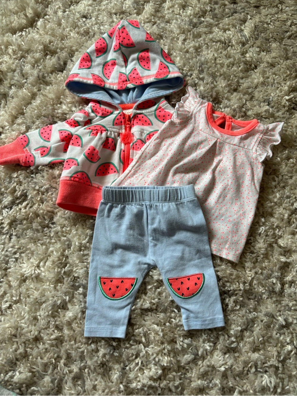 Watermelon Print Baby Hoodie, Top & Leggings Set - Pink, Coral & Light Blue
